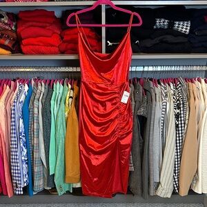 Windsor red satin sleeveless side ruched front slit midi dress size S NWT